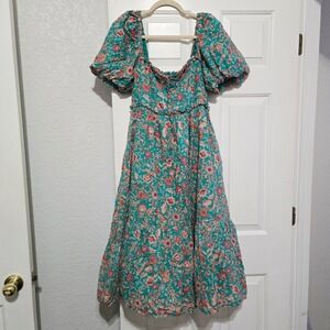 Fate Cottage Core Boho Print Puff Sleeve Square Neck Midi Dress Teal Red Small